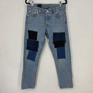 Monki‎ ASOS Patchwork Cropped Boyfriend Jeans 26 Cotton Light Wash Blue